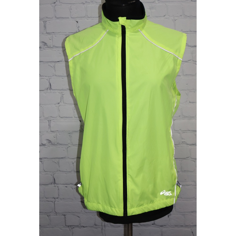 ASICS Running Vest Womens Large Neon Yellow Reflective Zip Up W/ Pockets **